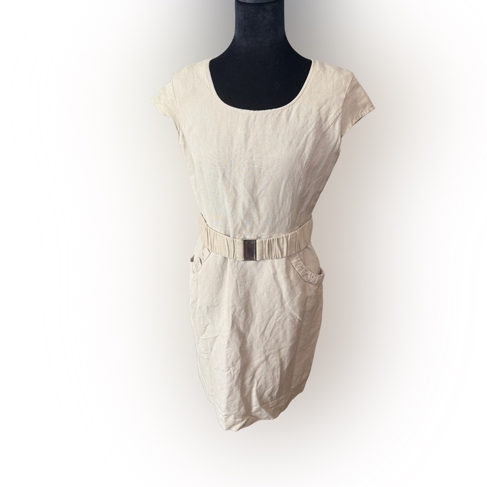 Calvin Klein Cream Belted Dress Linen